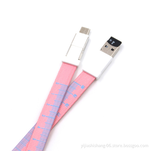3 In 1 For IPhone Micro-USB Type-C Charging Cable Neck Lanyard Strap Tape Measure Cord With SD Card